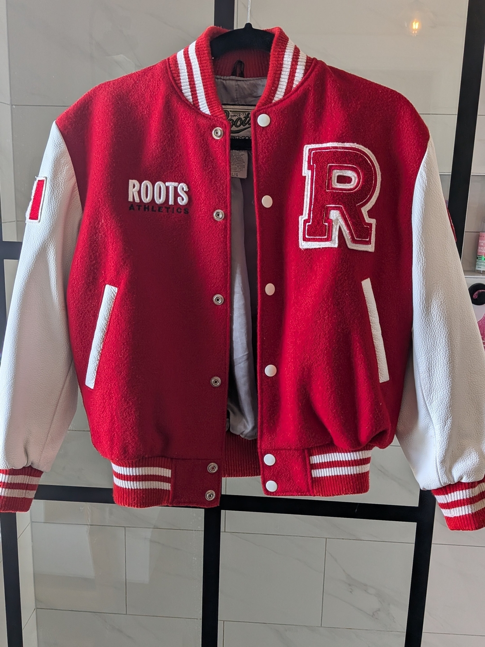 Kids' Red & White Roots Letterman Jacket